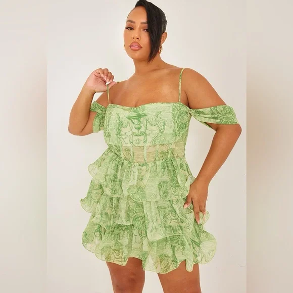 Women's Plus Green Statue Printed Ruffle Bodycon Dress - Size 20